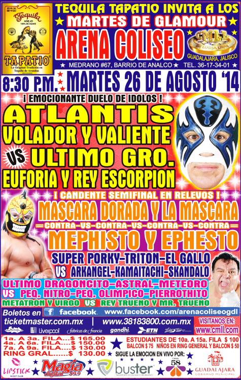 México: Resultados CMLL Arena coliseo de Guadalajara&nbsp;(26/08/2014)
