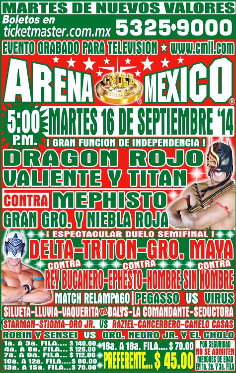 México: Resultados CMLL Arena México&nbsp;(16/09/2014)