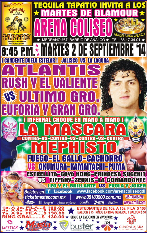 México: Resultados CMLL Arena  Coliseo de Guadalajara&nbsp;(02/09/2014)