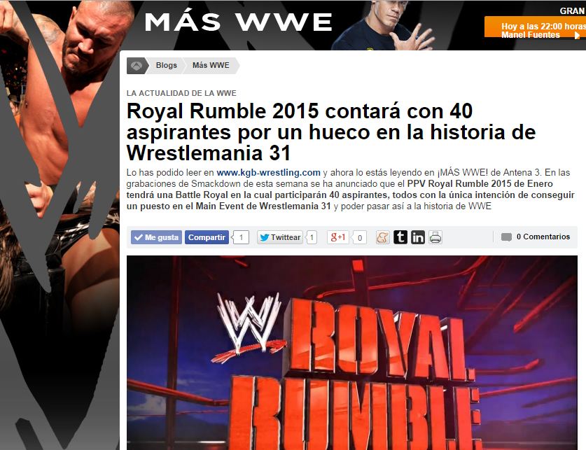 NUEVA ENTRADA EN EL BLOG DE ANTENA 3 «MÁS&nbsp;WWE»